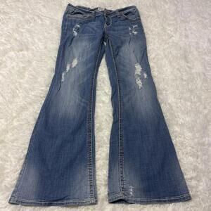 VTG Y2K Hydraulic Low Rise Jeans Flare Stretch Distressed Medium Wash 9/10
